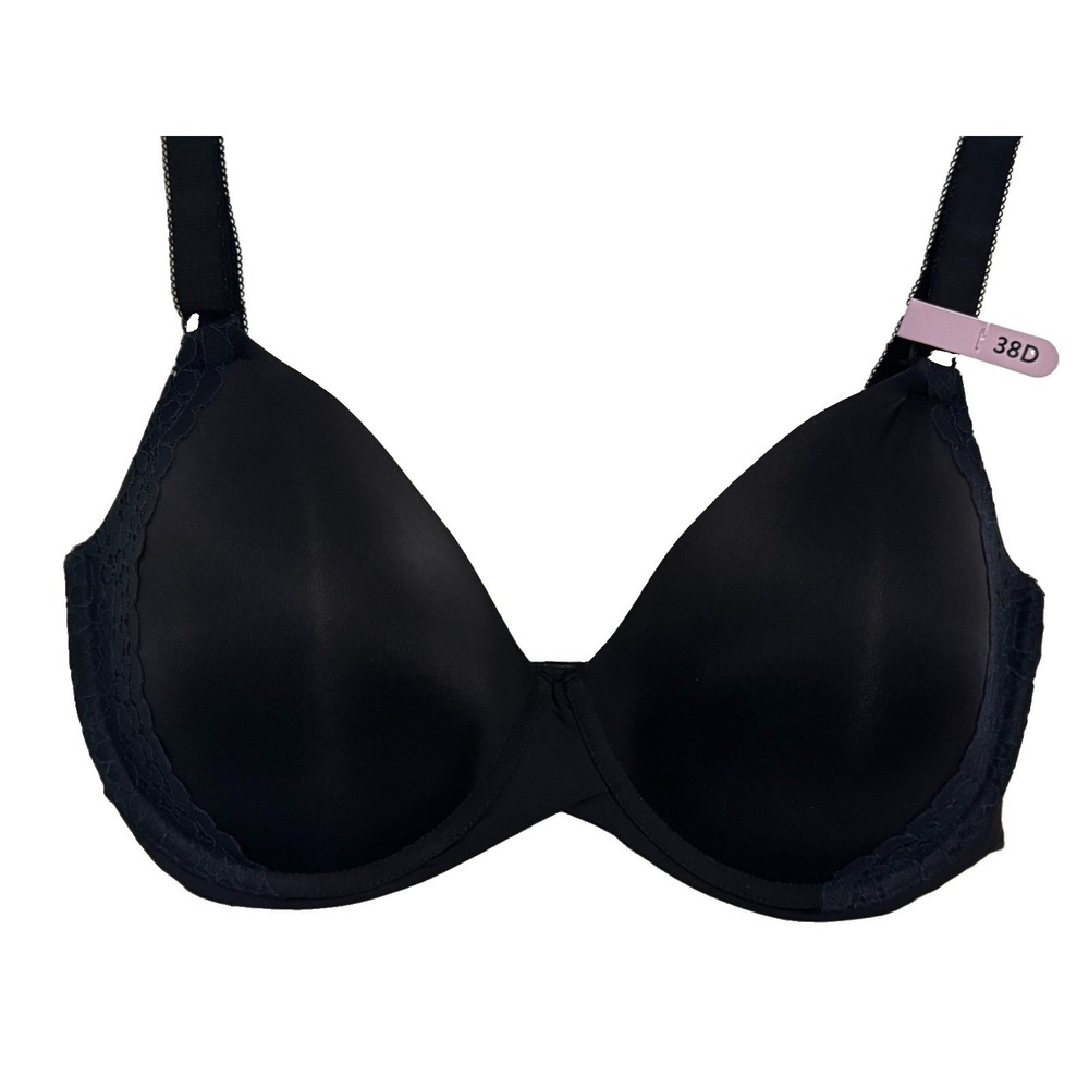 Maidenform NWT Demi Bra Molded Underwear38D Lined Cups Black Lace Wings Adj.